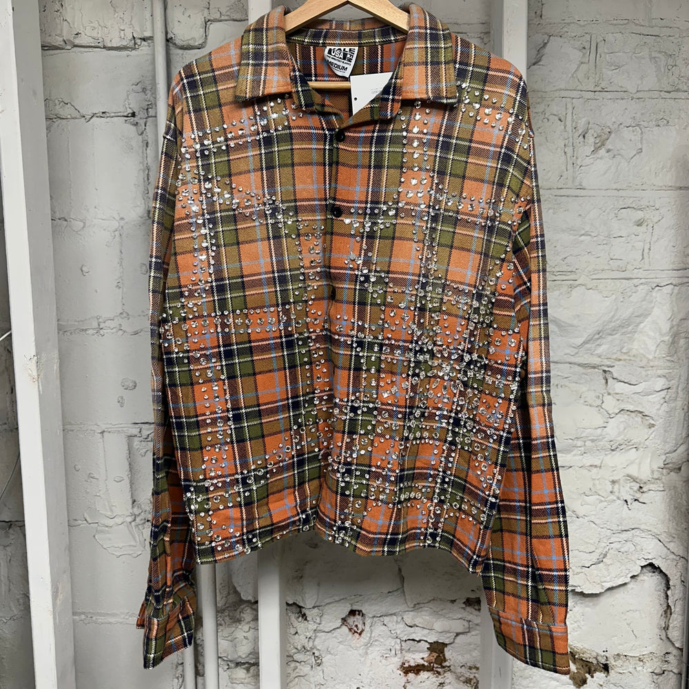 Vale Green Orange Rhinestone Flannel Sz M