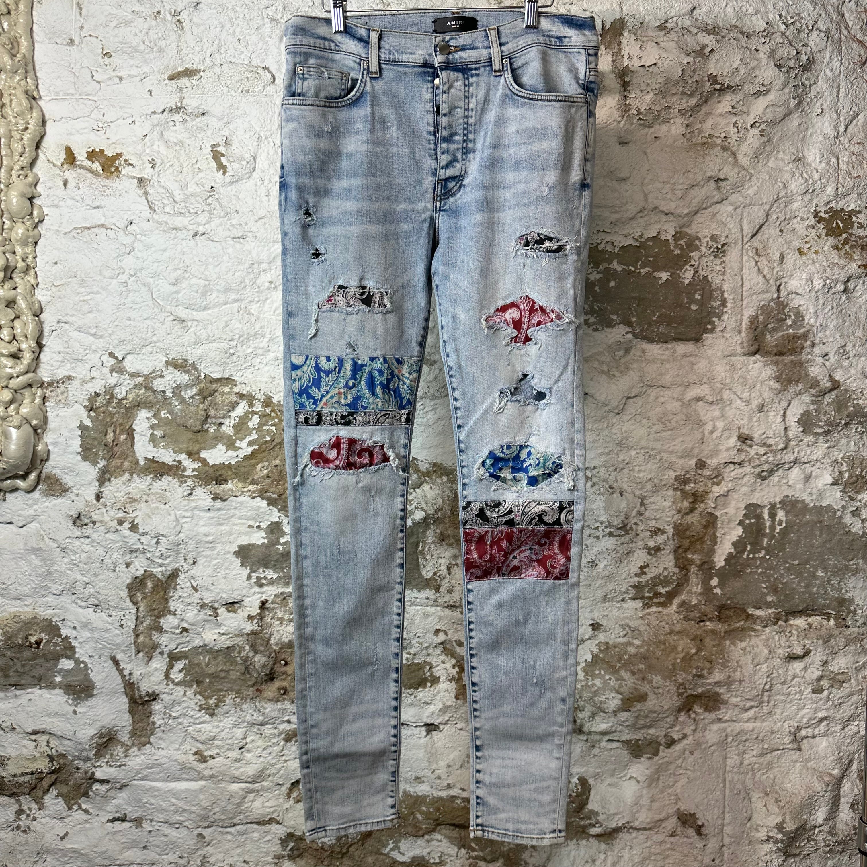 Amiri Multicolor Paisley Patches Washed Blue Denim Jeans Sz 34