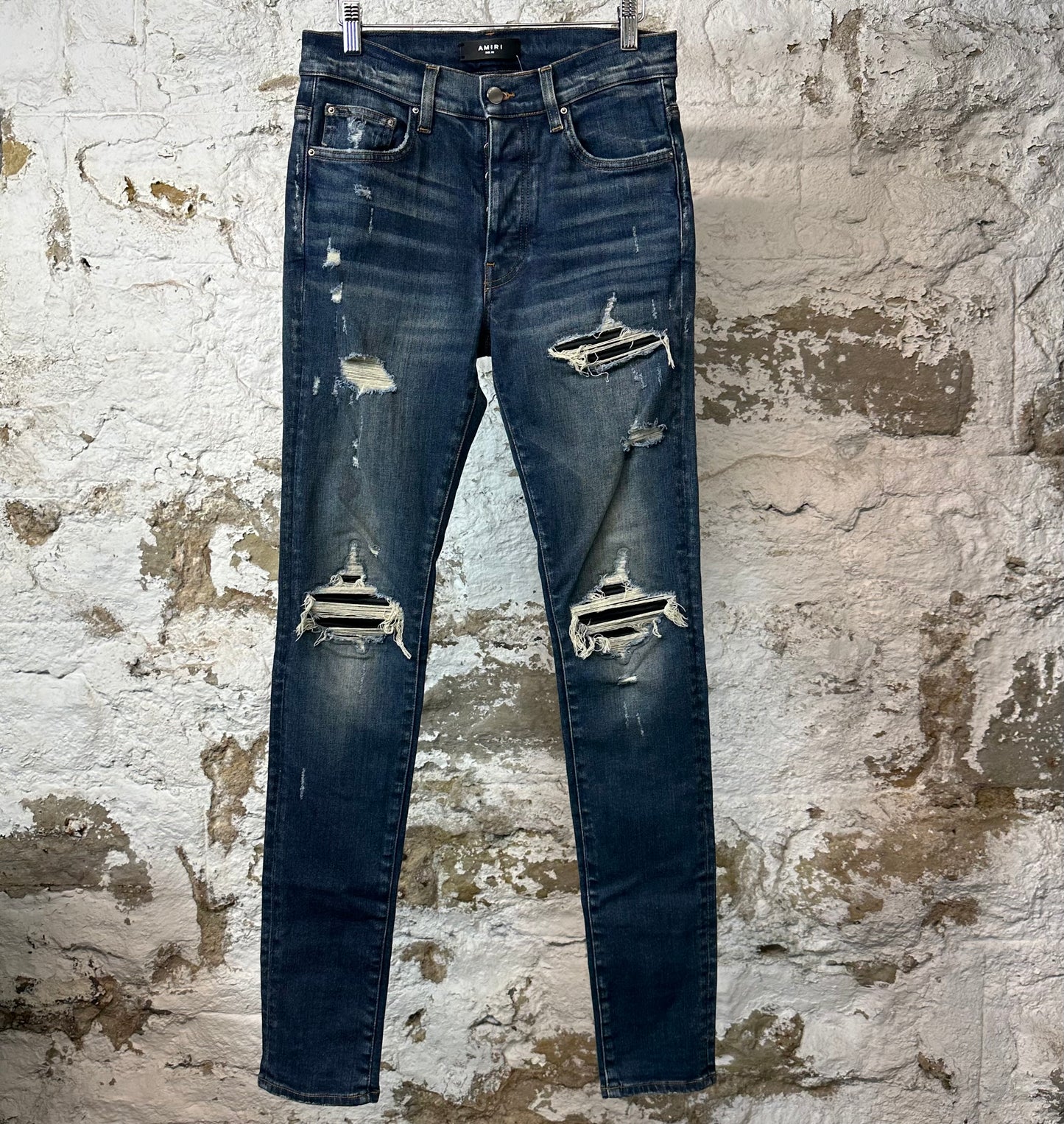 Amiri MX1 Black Leather Dark Blue Denim Jeans Sz 30