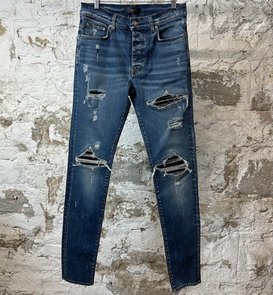 Amiri MX1 Black Suede Dark Blue Denim Jeans Sz 32