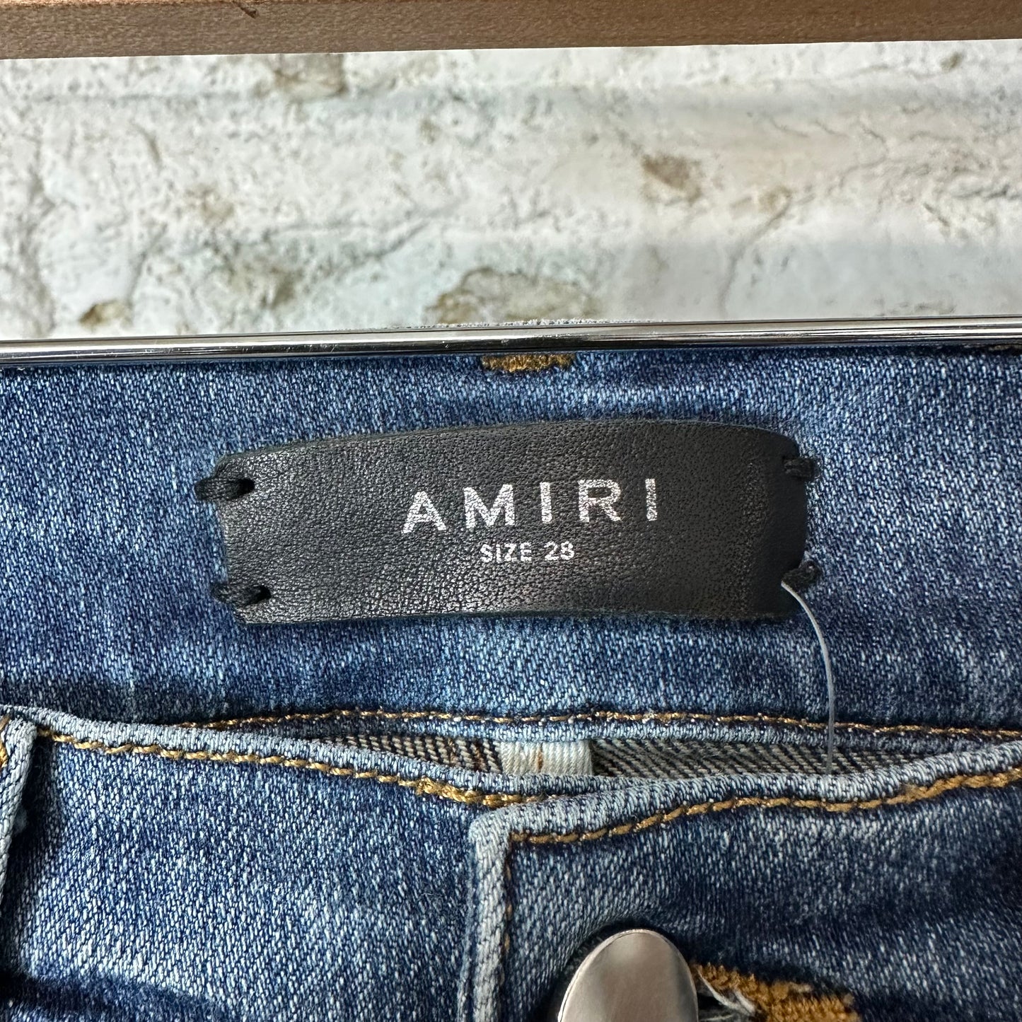 Amiri MX1 Black Leather Dark Blue Denim Jeans Sz 28