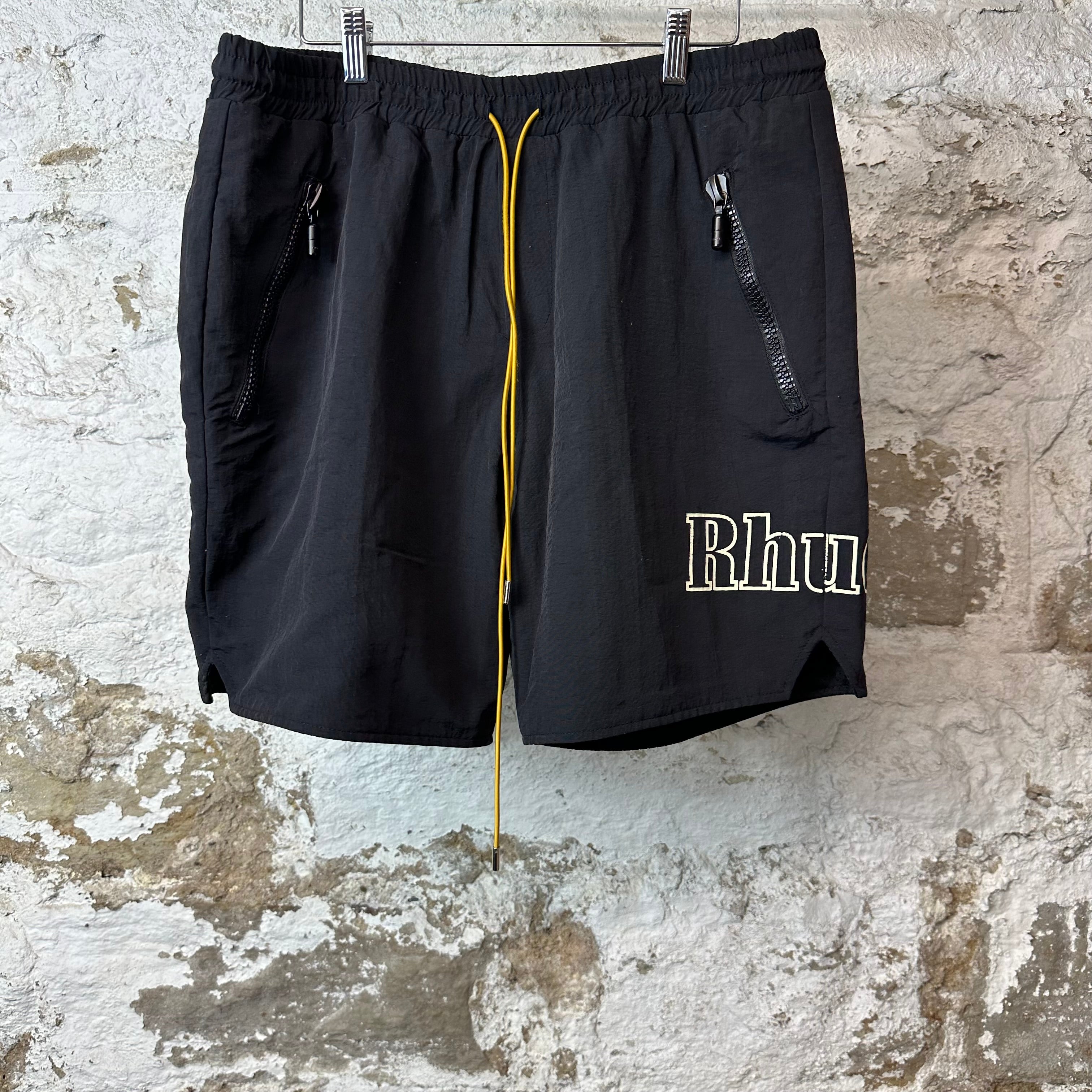 Rhude White Spellout Black Nylon Shorts Sz XL
