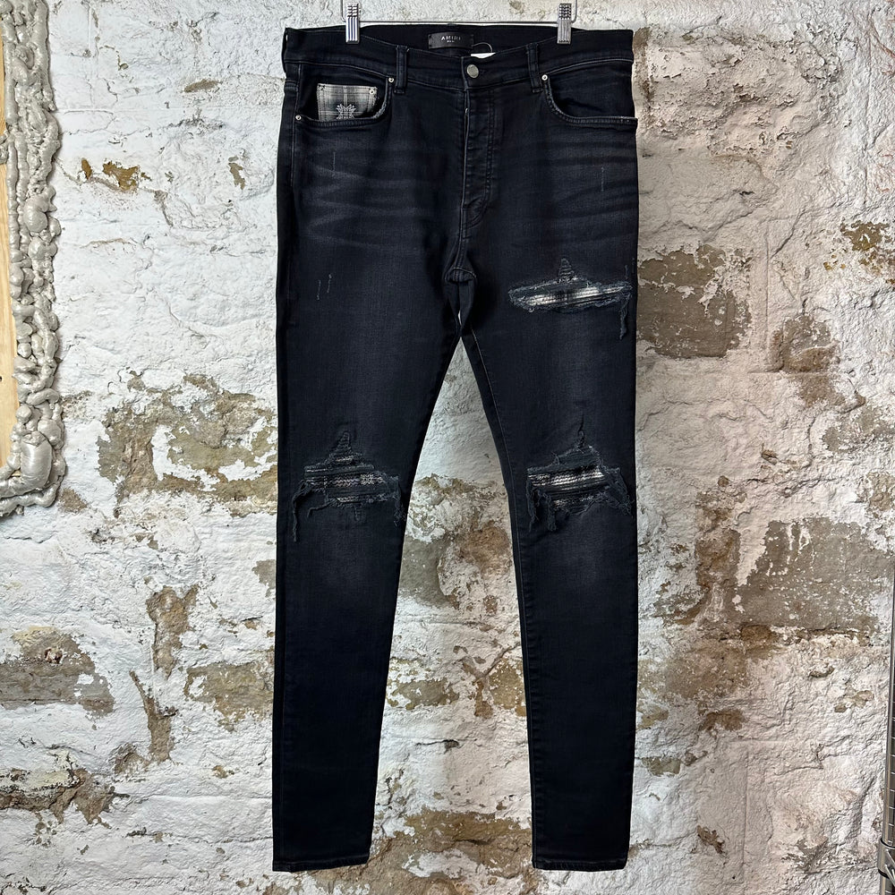 Amiri MX1 Grey Flannel Quad Logo Black Denim Jeans Sz 36