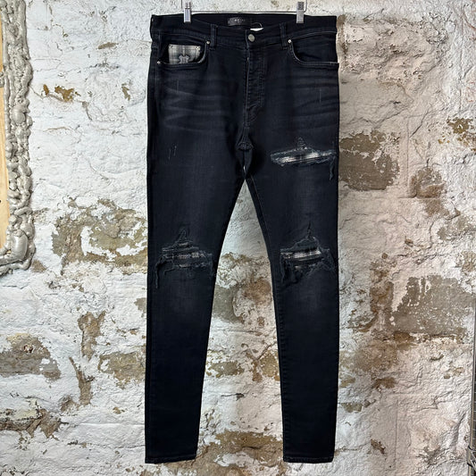 Amiri MX1 Grey Flannel Quad Logo Black Denim Jeans Sz 36