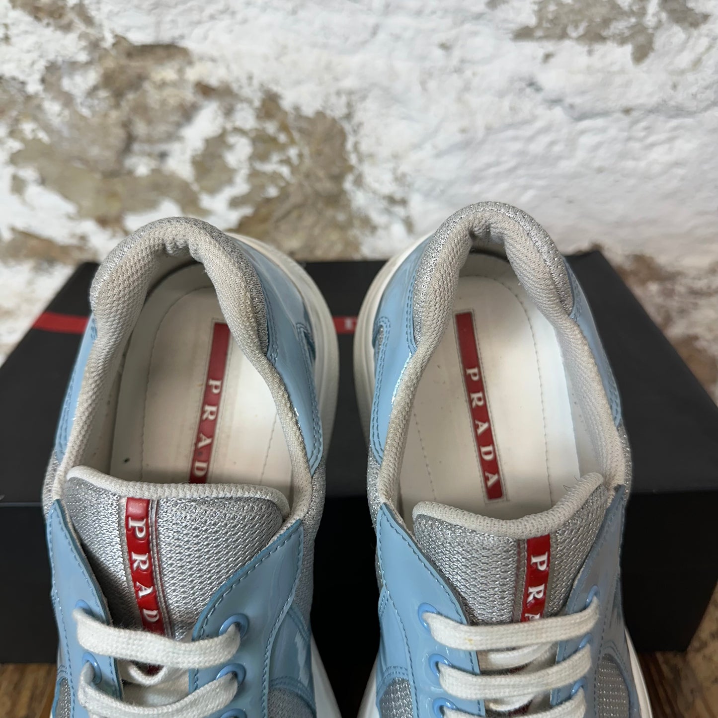 Prada Americas Cup Baby Blue Patent Gray White Sneaker Sz 9.5