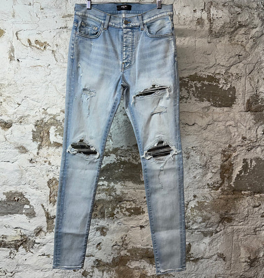 Amiri MX1 Camo Patch Light Blue Denim Jeans Sz 32