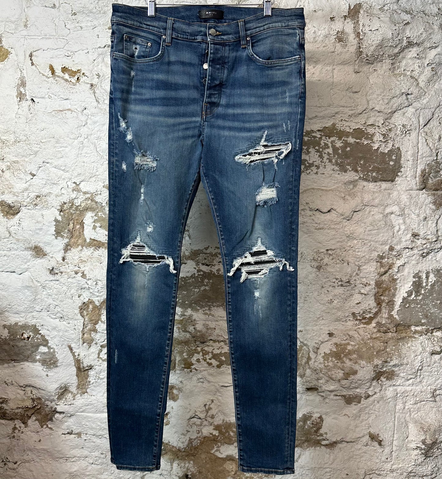 Amiri MX1 Black Leather Dark Blue Denim Jeans Sz 38