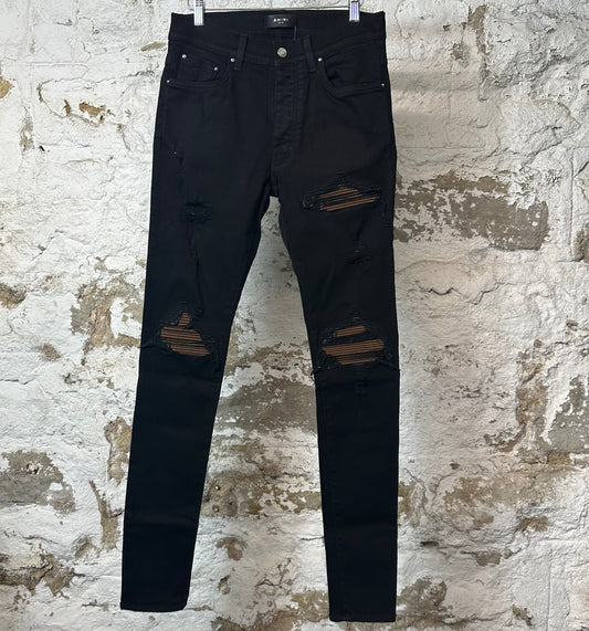 Amiri MX1 Brown Suede Black Denim Jeans Sz 30