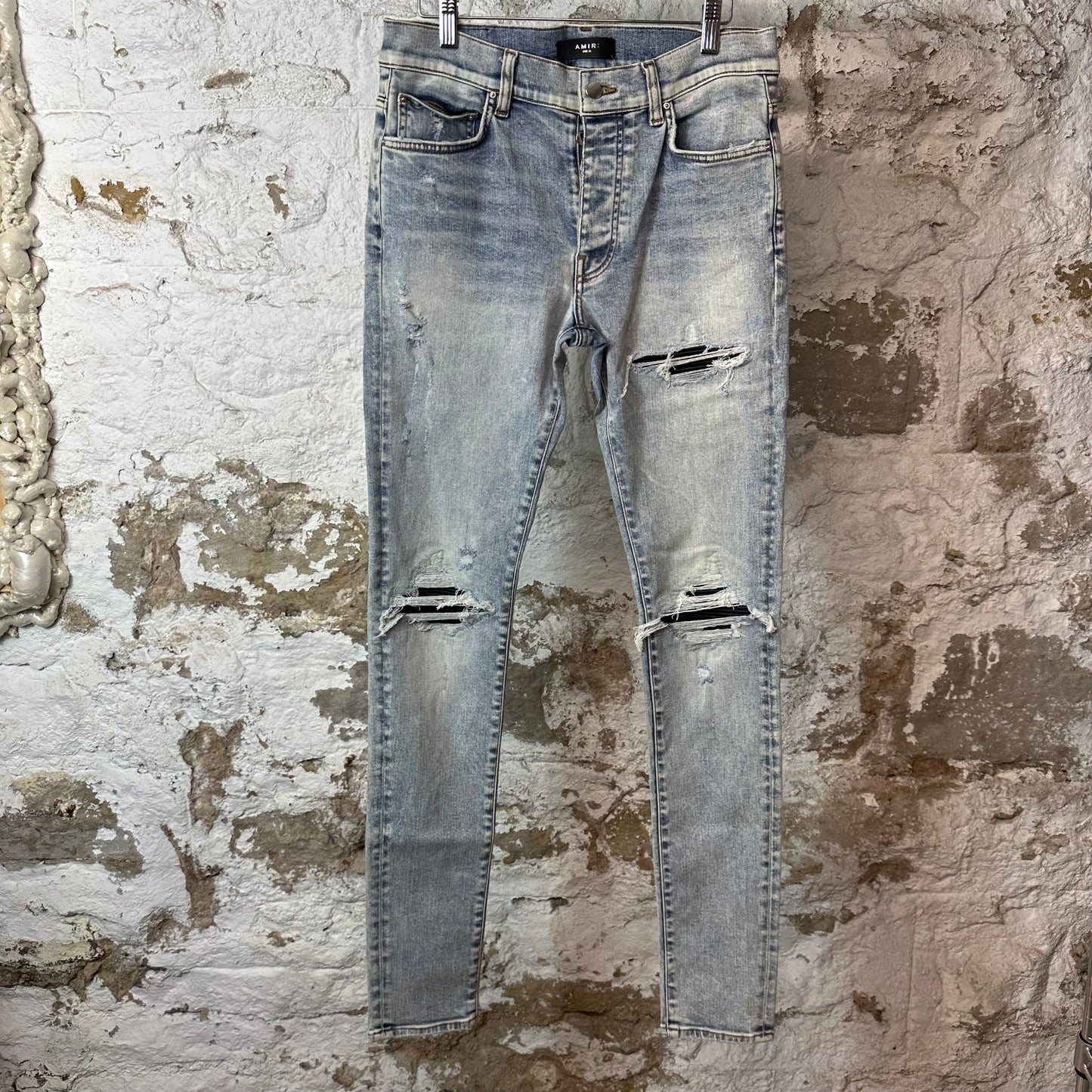 Amiri MX1 Black Leather Washed Blue Denim Jeans Sz 31