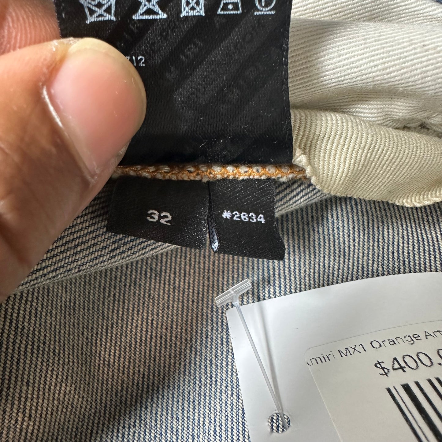 Amiri MX1 Orange Art Patch Blue Denim Jeans Sz 32