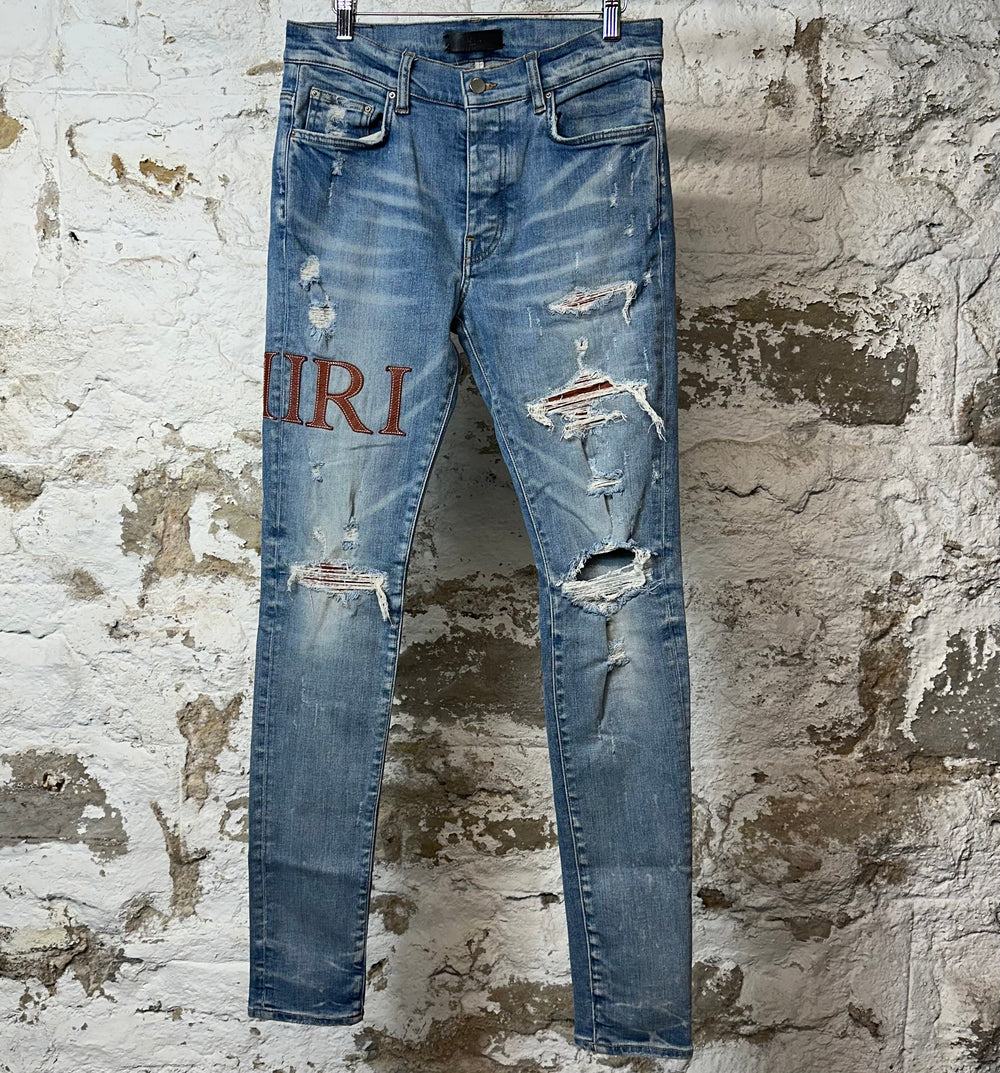 Amiri Brown Leather Spell Blue Denim Jeans Sz 31