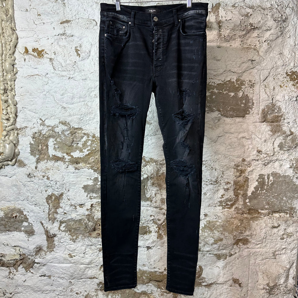 Amiri Faded Black Distressed Denim Jeans Sz 34