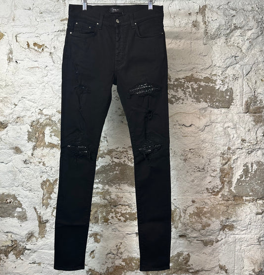 Amiri MX1 Black Suede Blue Denim Jeans Sz 32