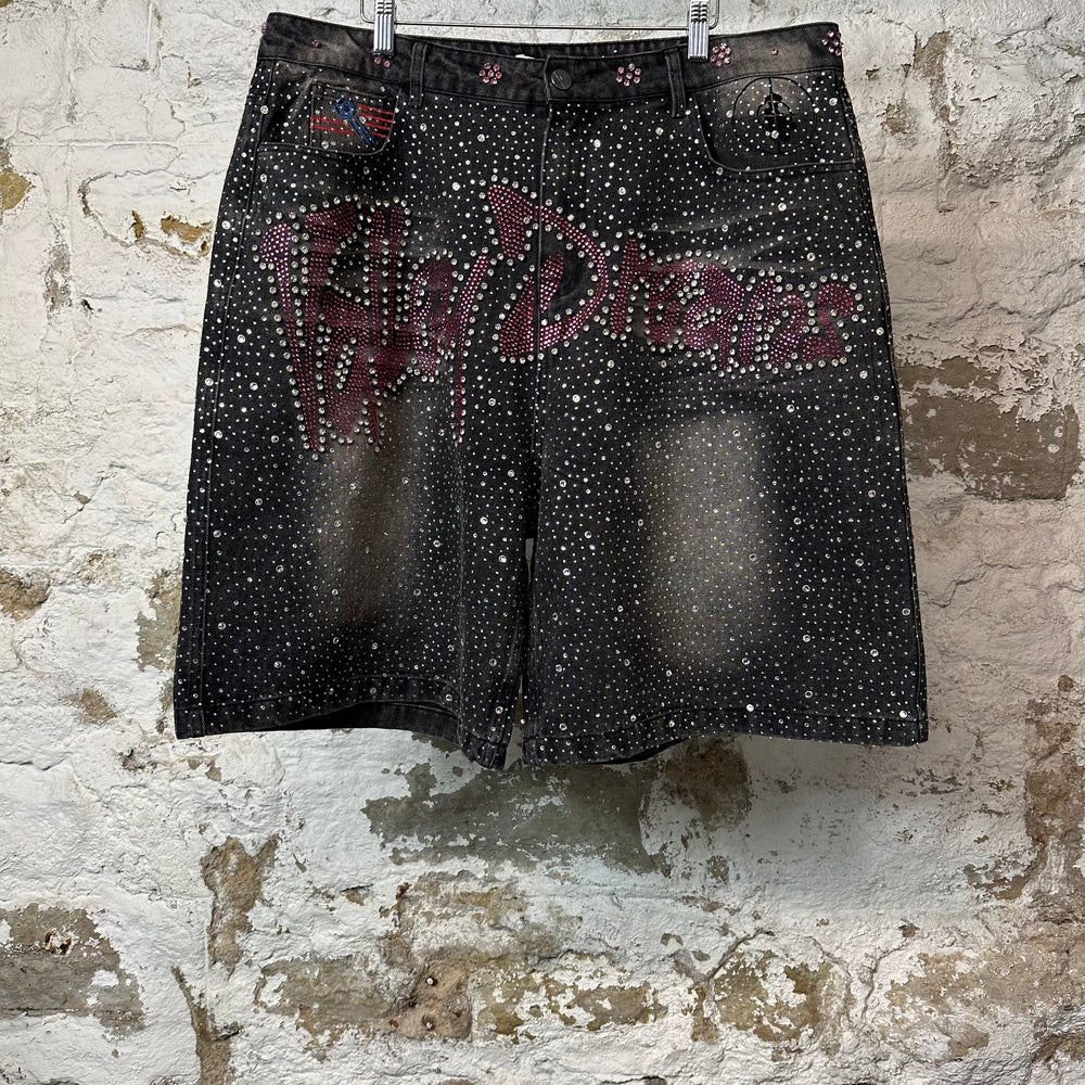 Vale Iced Out Pink Black Jean Shorts Sz 36
