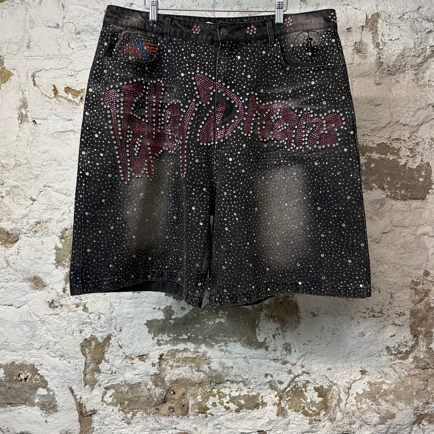 Vale Iced Out Pink Black Jean Shorts Sz 36