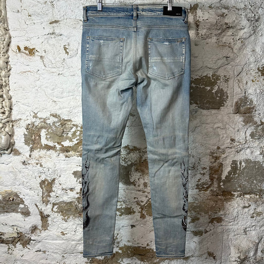 Amiri Black Brown Paisley Flame Blue Denim Jeans Sz 32