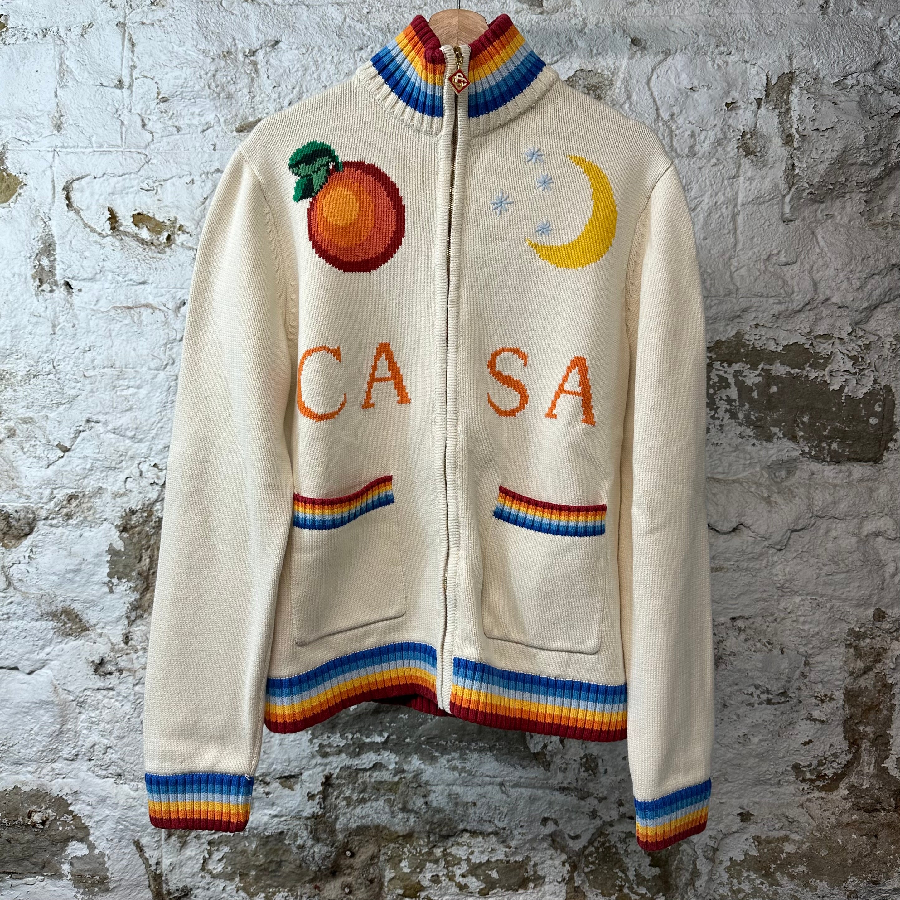 Casablanca Intarsia Moon Knit Zip Up Jacket Cream Sz M