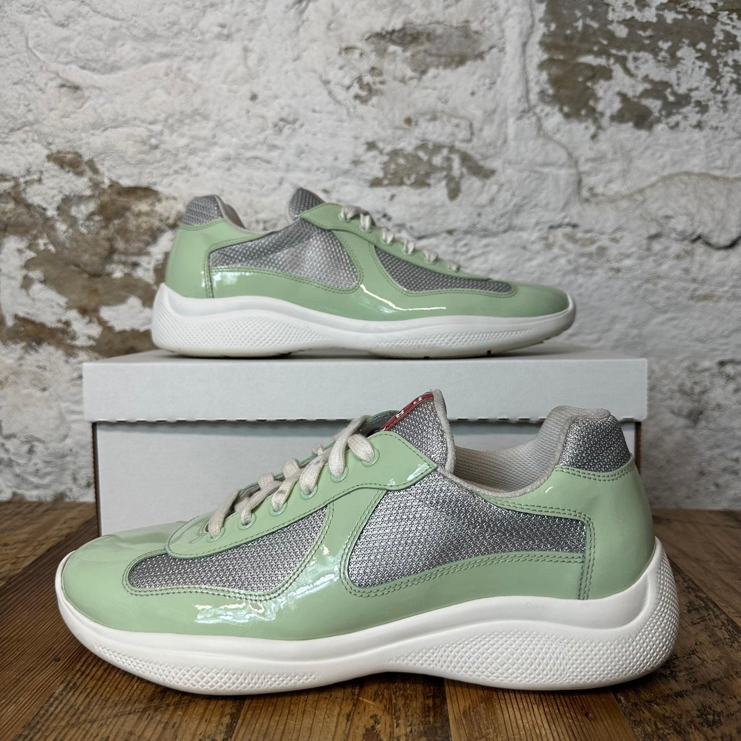 Prada Americas Cup Mint Patent White Sneaker Sz 8.5 No Box