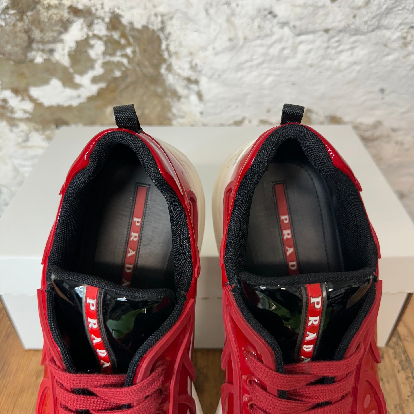 Prada Americas Cup Rossa Patent White Sneaker Sz 9.5 No Box