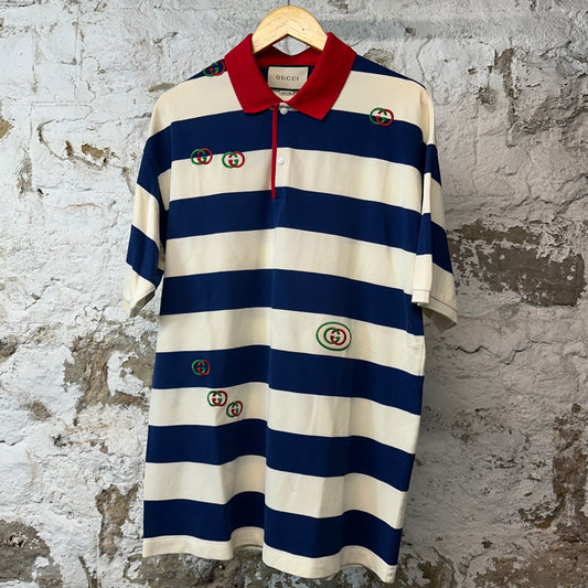 Gucci Blue White Striped GG Logo Polo Shirt Sz XL