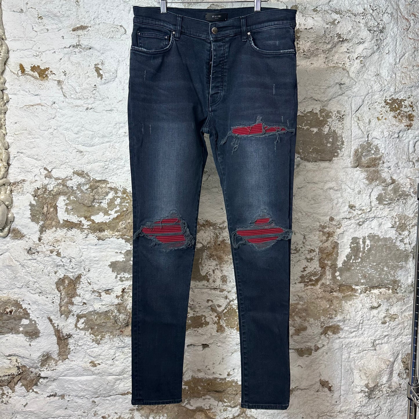 Amiri MX1 Red Suede Faded Black Denim Jeans Sz 36