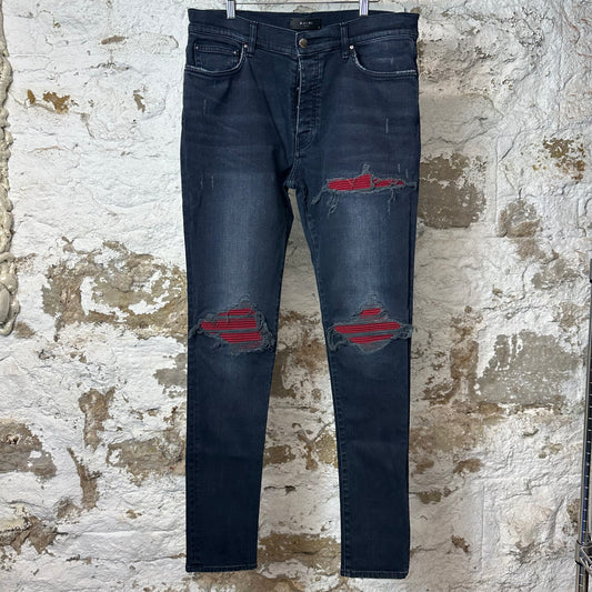 Amiri MX1 Red Suede Faded Black Denim Jeans Sz 36