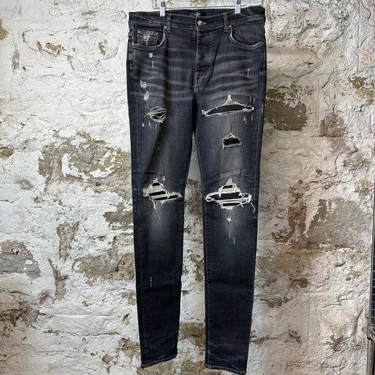 Amiri MX1 Black Leather Grey Denim Jeans Sz 36