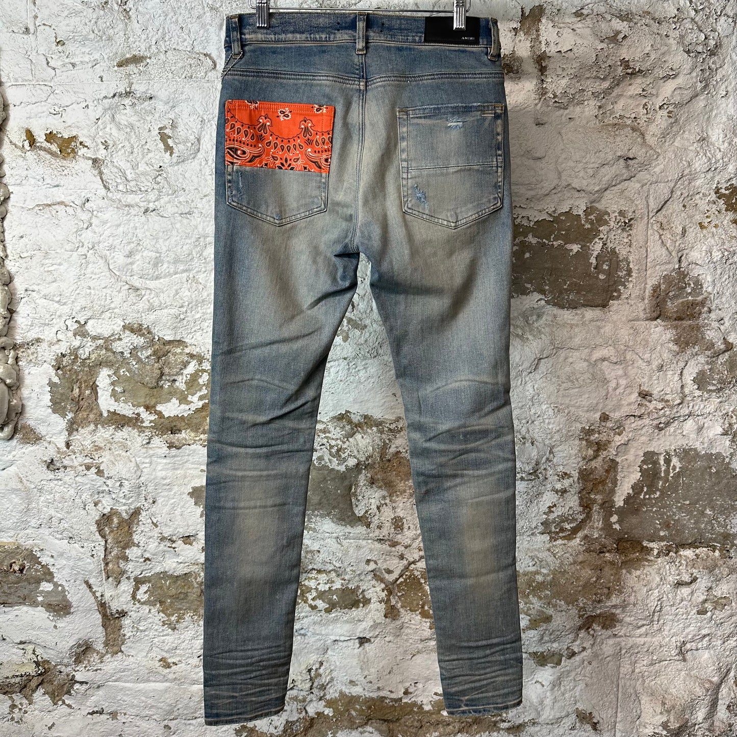 Amiri MX1 Orange Paisley Art Patch Blue Denim Jeans Sz 30