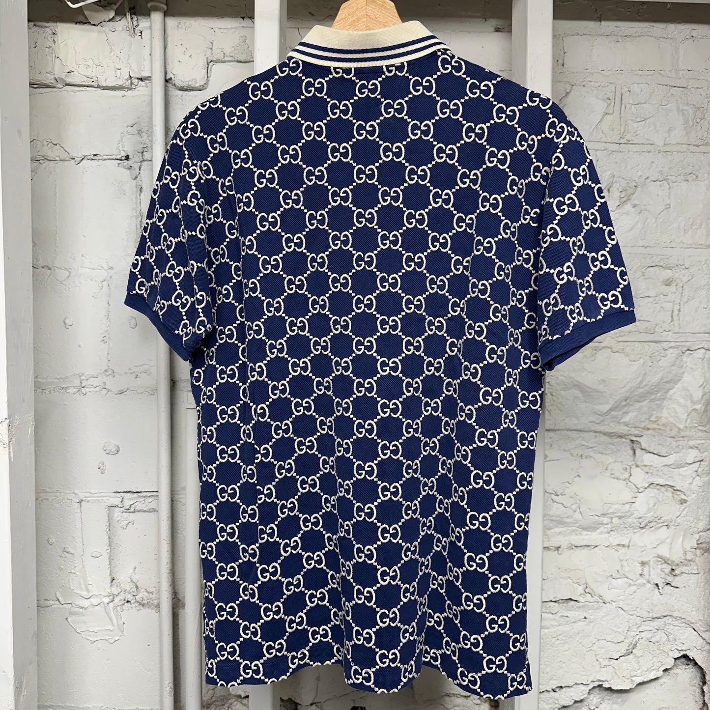 Gucci White GG Monogram Navy Polo Shirt Sz S