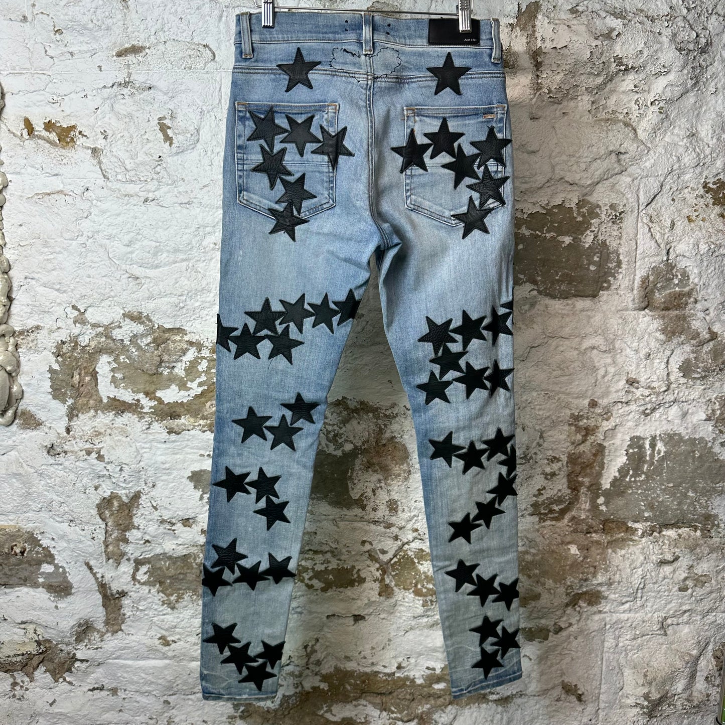 Amiri Black Leather Star Chemist Blue Denim Jeans Sz 31