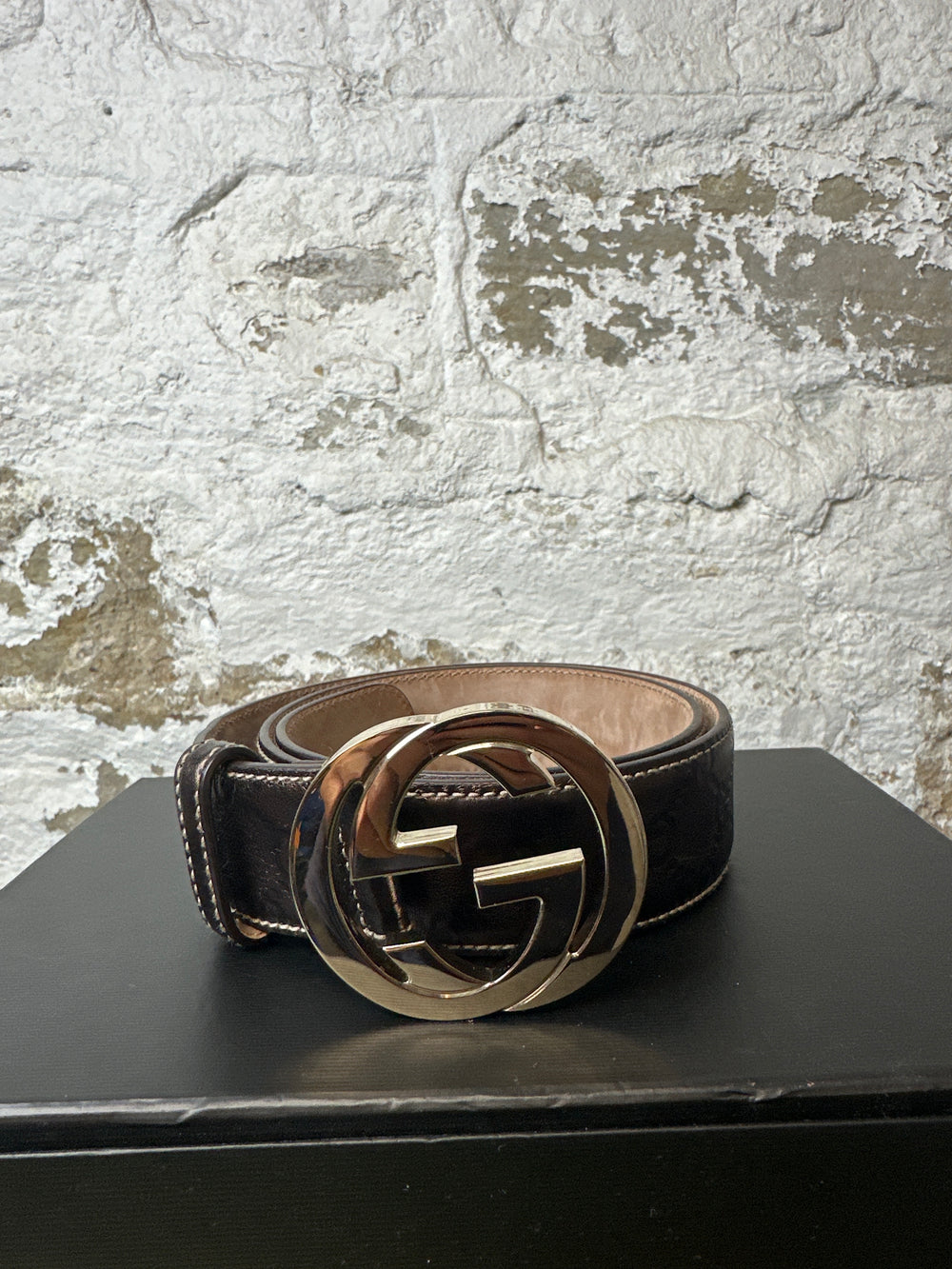 Gucci Brown Gloss Monogram Belt Sz (85/34)