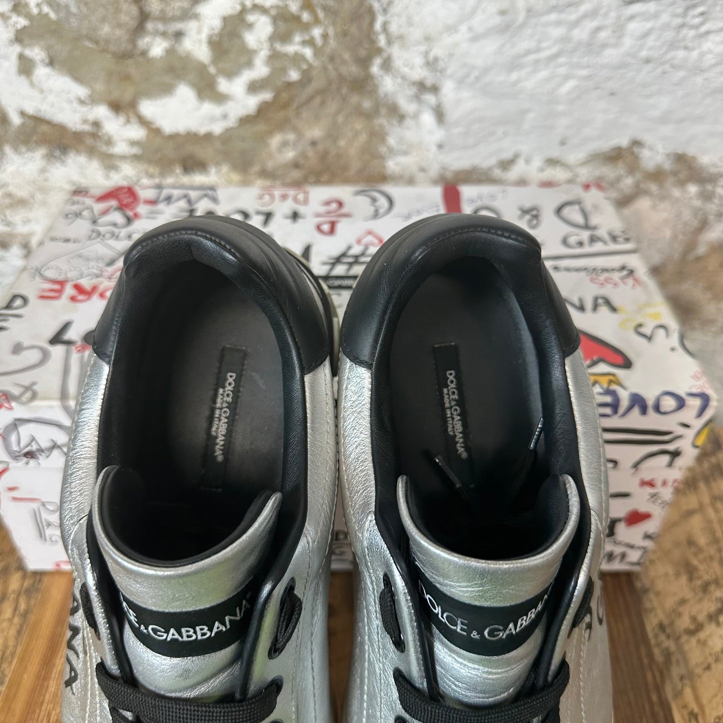 Dolce Gabanna Silver Black Cream Portofino Sneaker Sz 8.5