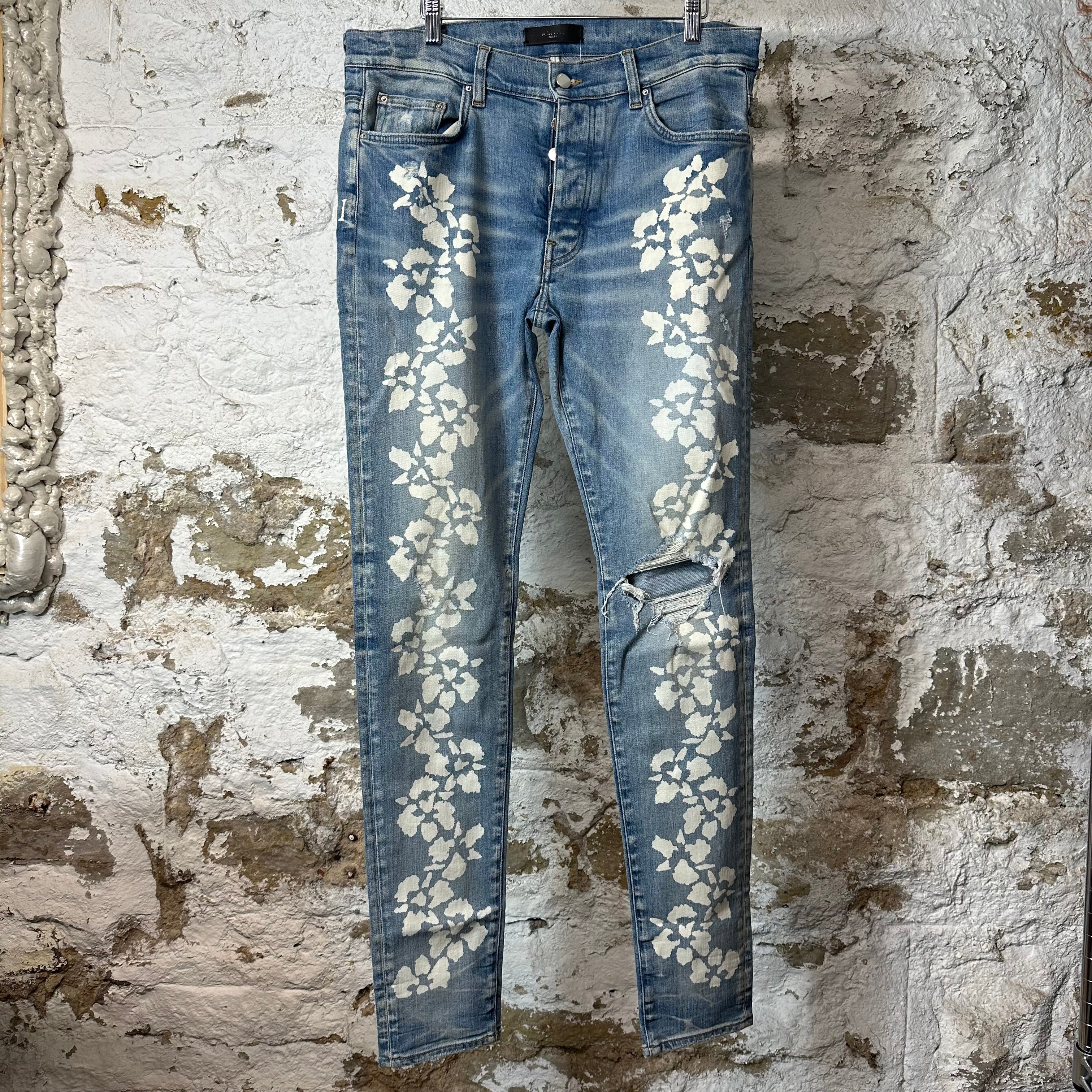 Amiri Hibiscus Flower Print Blue Denim Jeans Sz 34