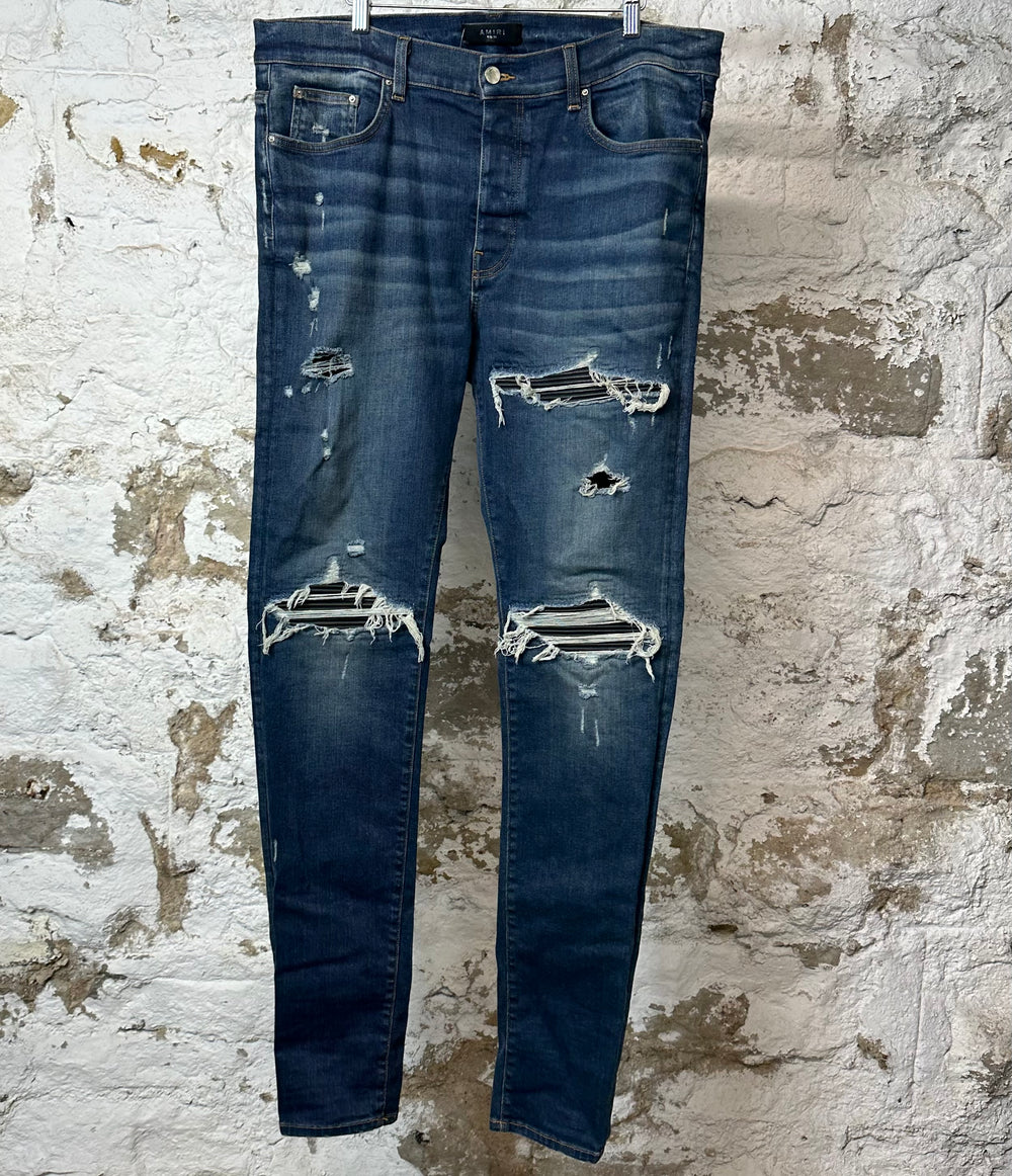 Amiri MX1 Black Leather Dark Blue Denim Jeans Sz 38