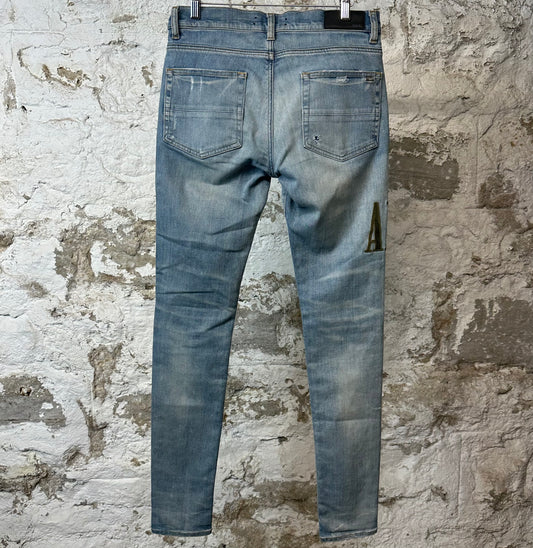Amiri MX1 Camo Spell Blue Denim Jeans Sz 30