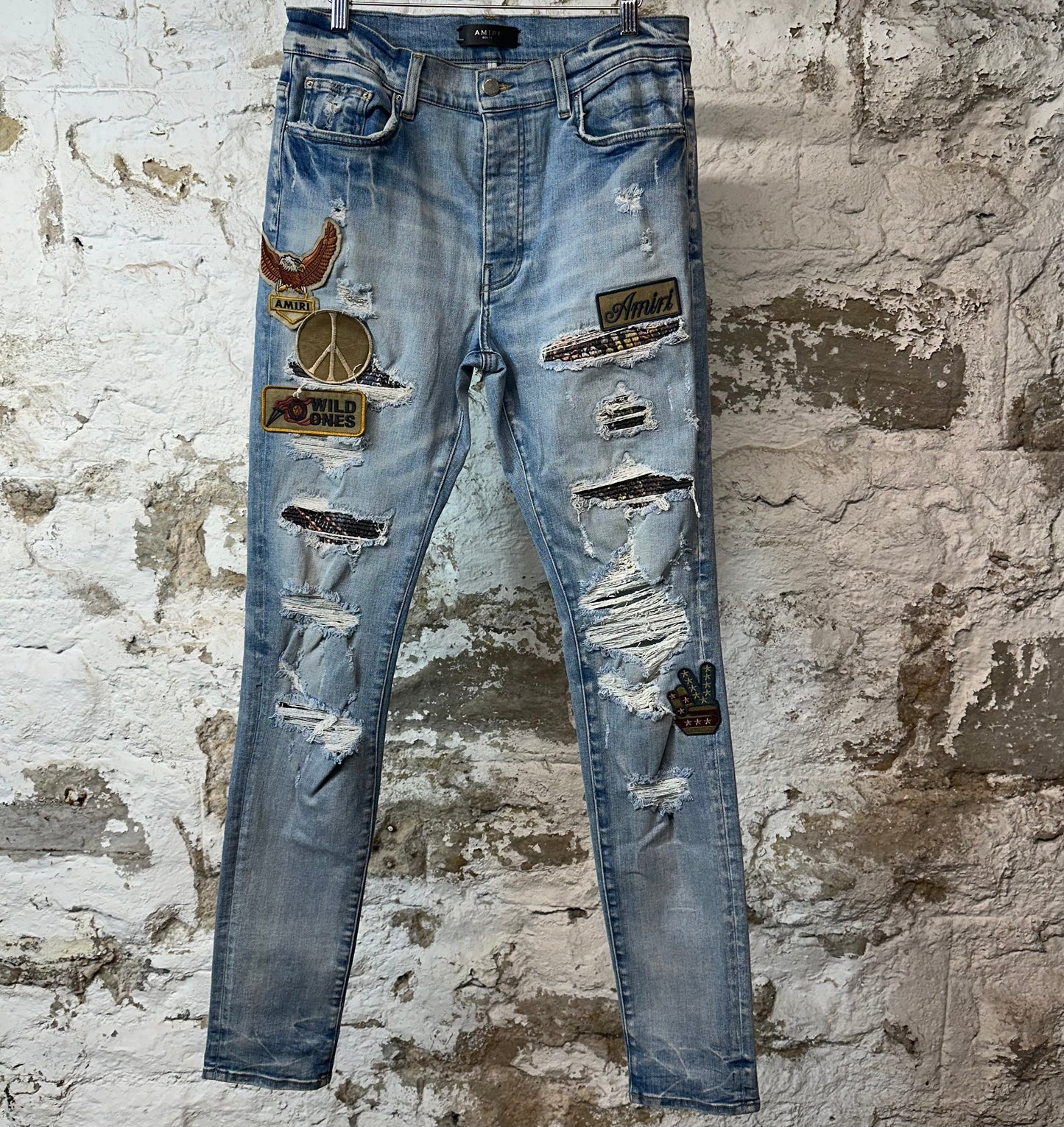Amiri Biker Patches Blue Denim Jeans Sz 34