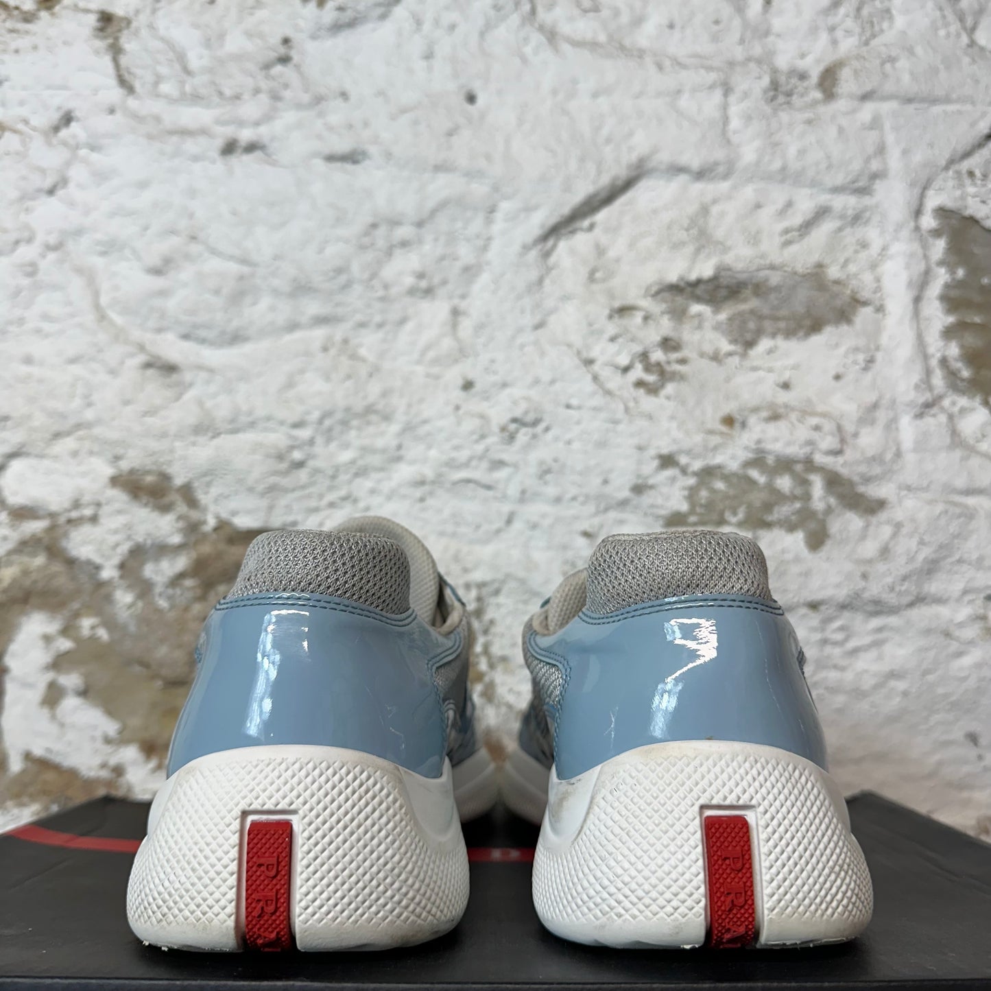 Prada Americas Cup Baby Blue Patent Gray White Sneaker Sz 9.5
