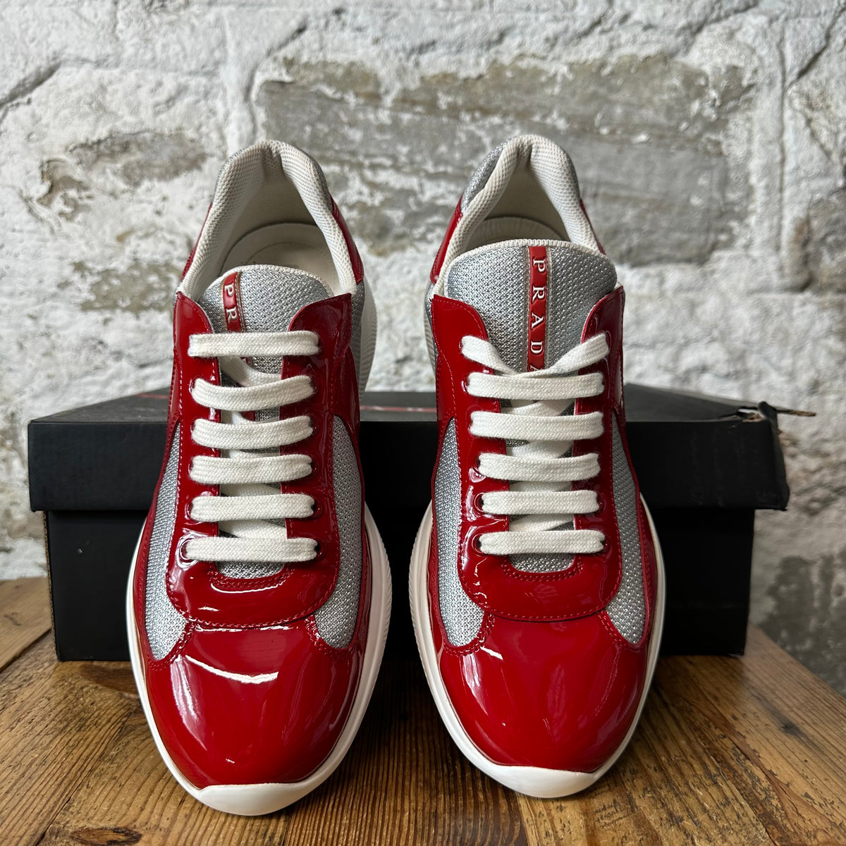 Prada Americas Cup Red Patent Grey White Sneaker Sz 8