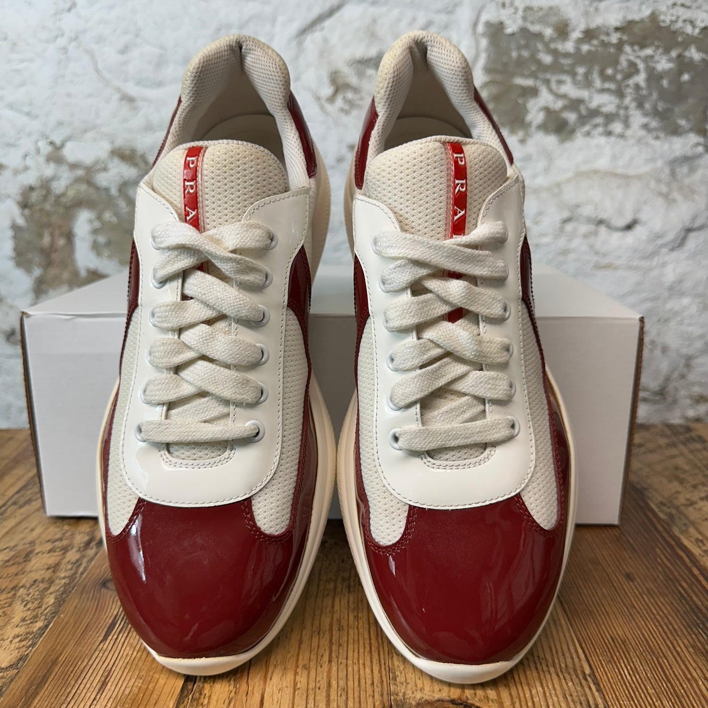 Prada Americas Cup Maroon Patent White Sneaker Sz 9.5
