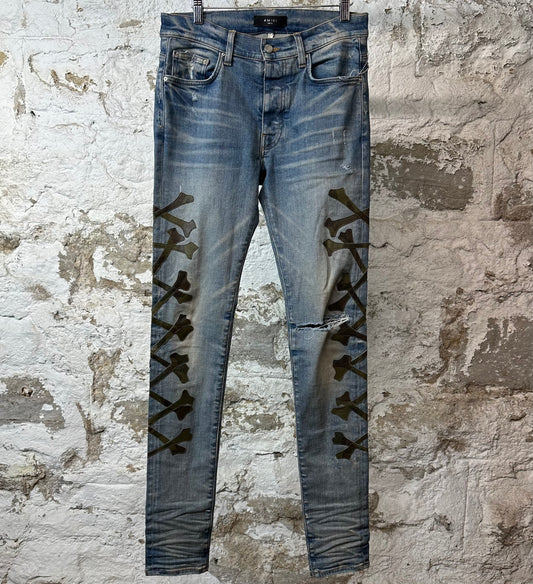 Amiri Green Camo Bones Blue Denim Jeans Sz 30