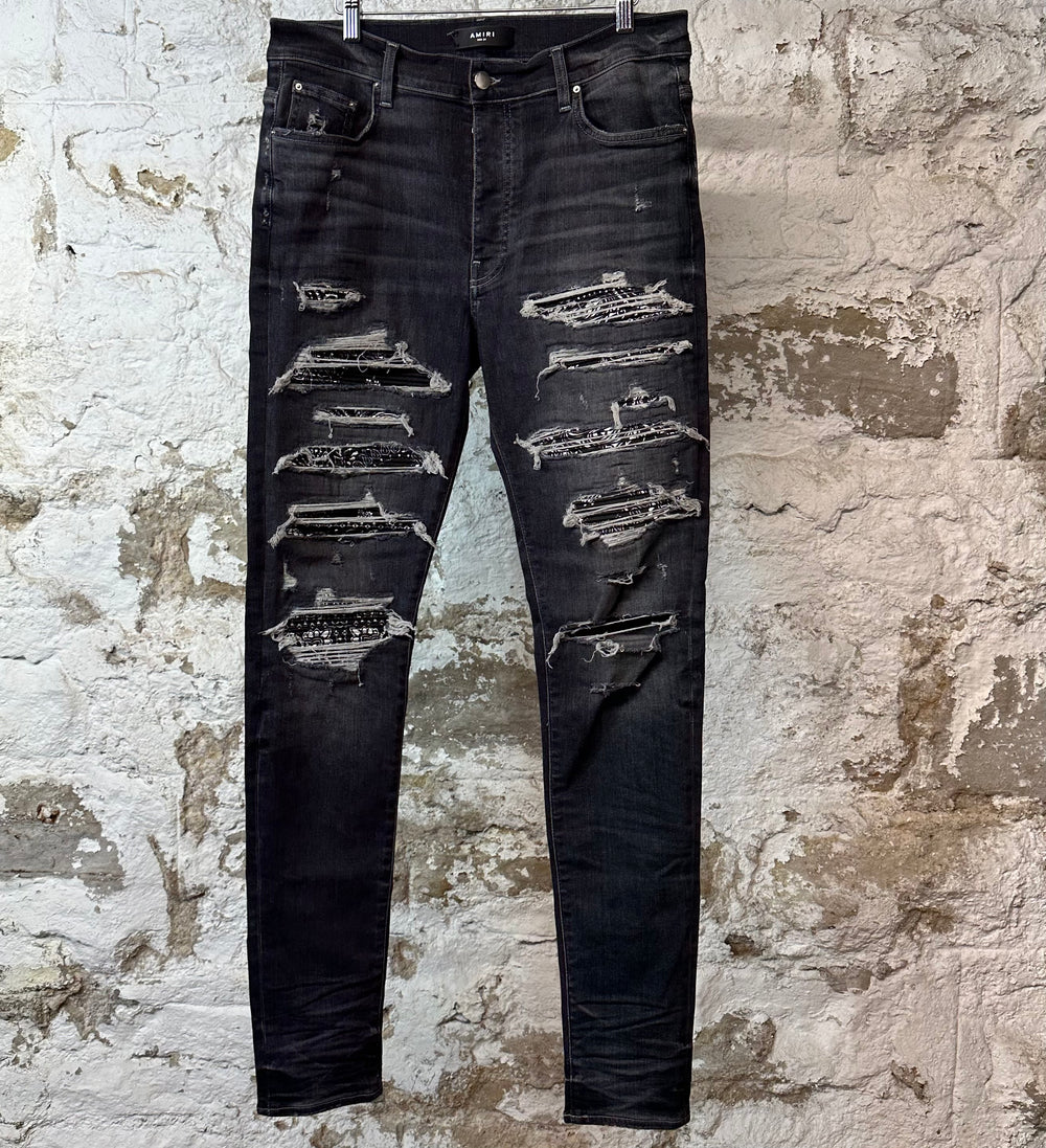 Amiri MX1 Black Paisley Grey Denim Jeans Sz 34