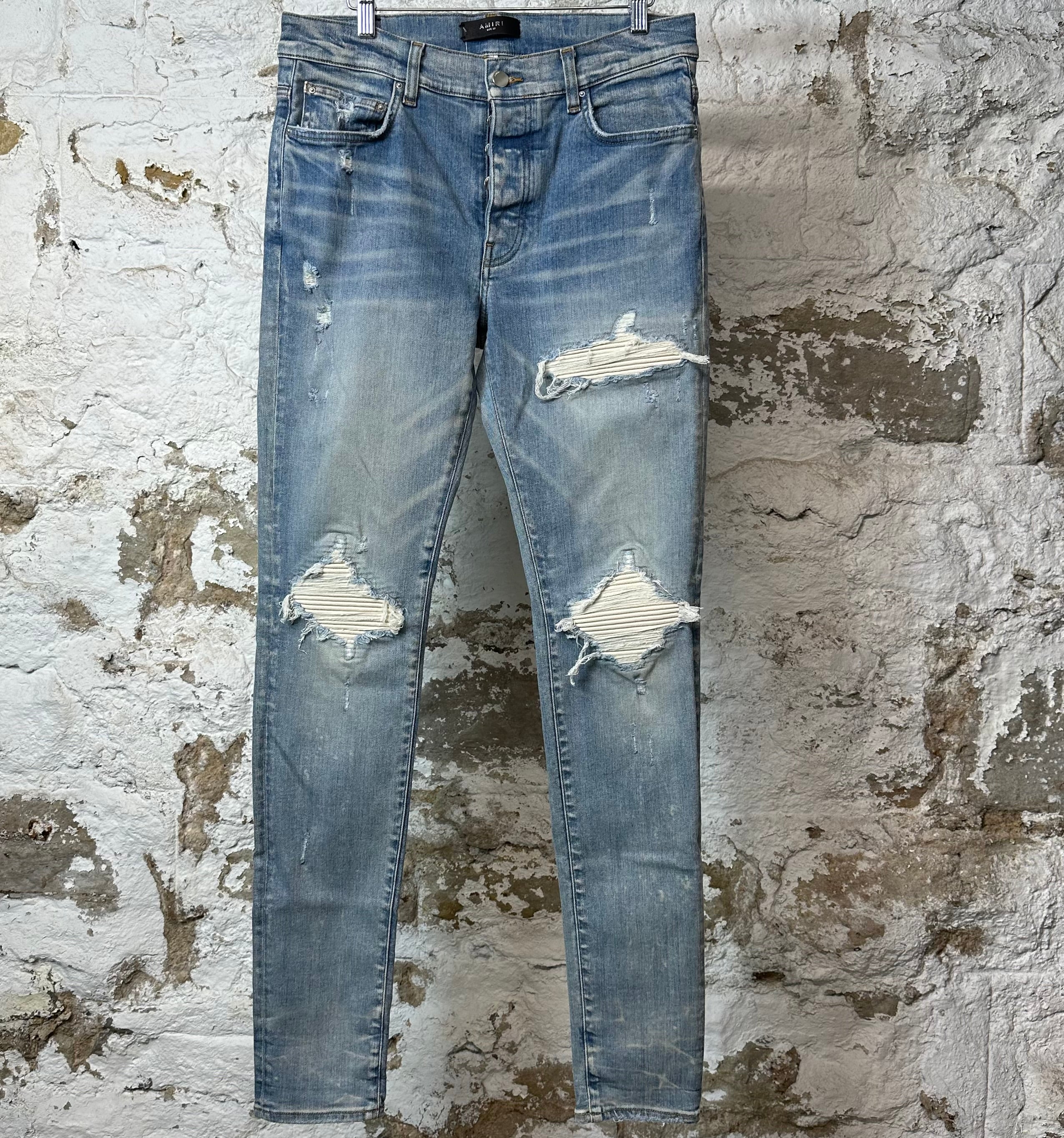 Amiri MX1 Cream Suede Blue Denim Jeans Sz 33
