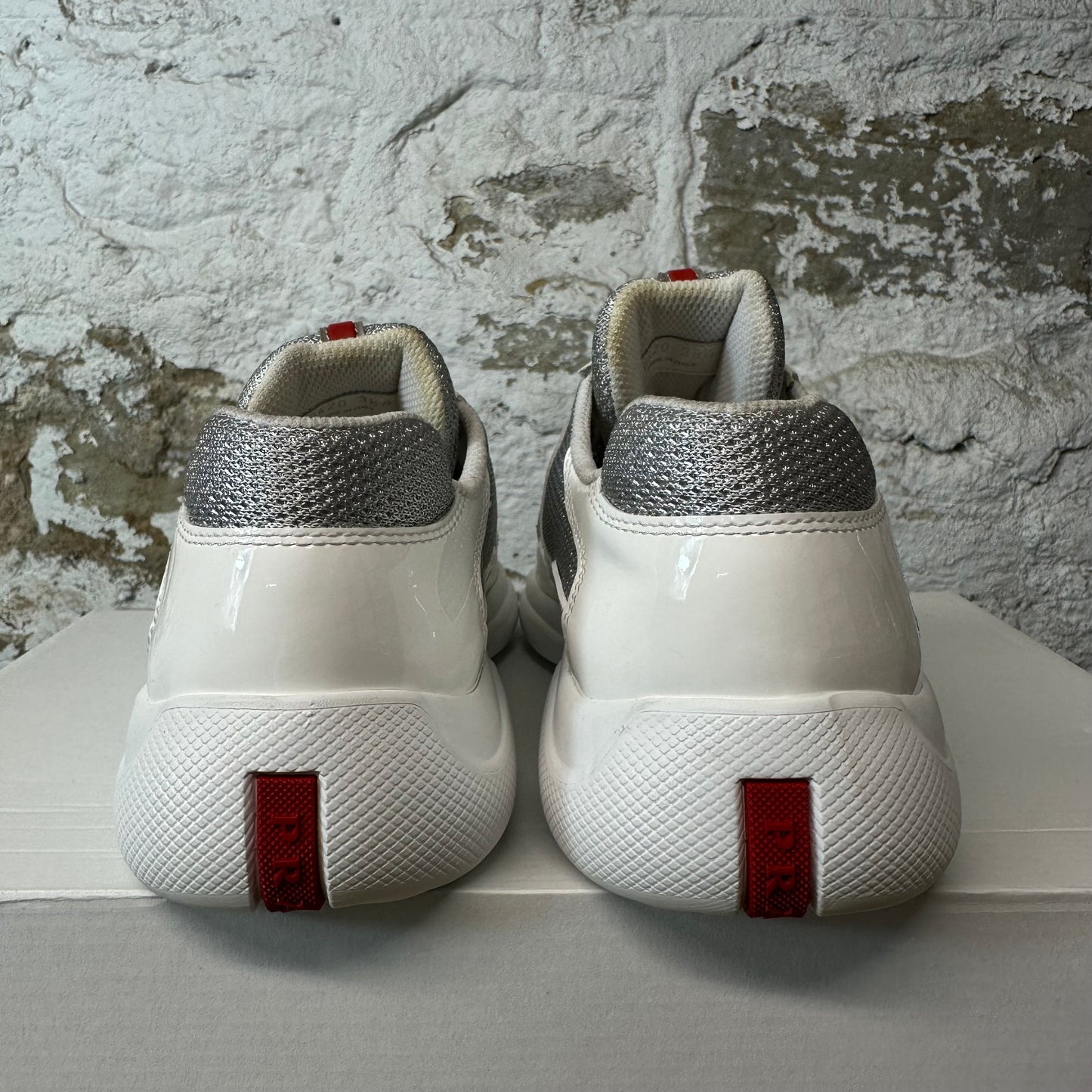 Prada Americas Cup White Patent Grey White Sneaker Sz 6 (38.5)