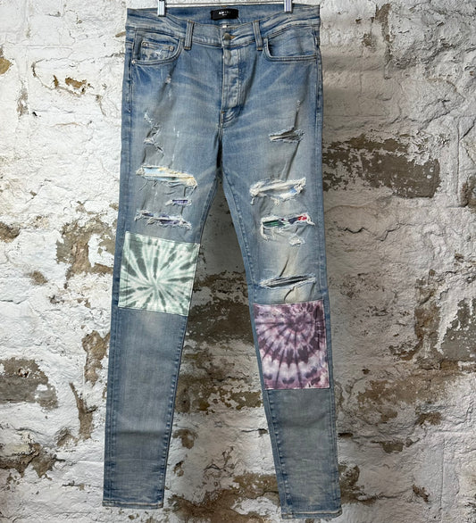 Amiri MX1 Tie Dye Patches Blue Denim Jeans Sz 33