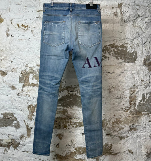 Amiri Purple Suede Spell Blue Denim Jeans Sz 32