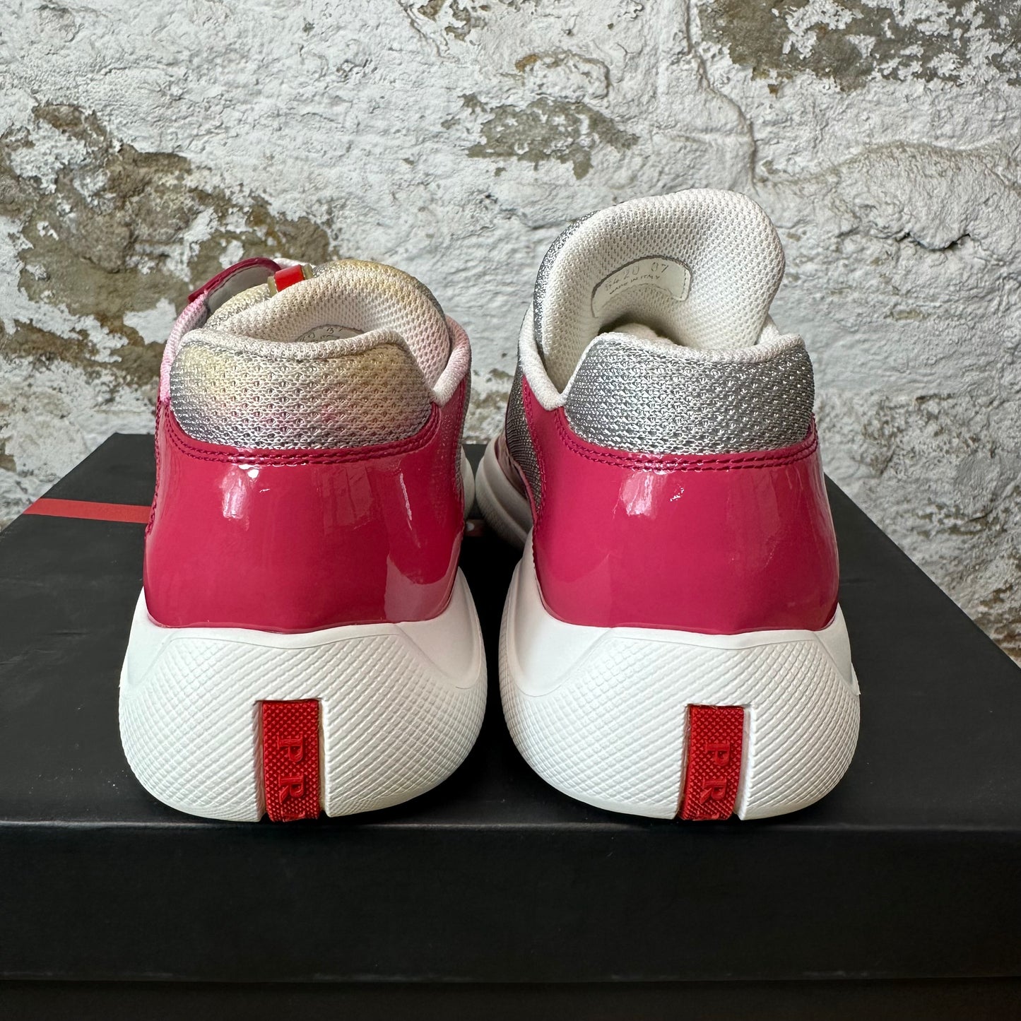 Prada Americas Cup Pink Patent Grey White Sneaker Sz 5 (37)
