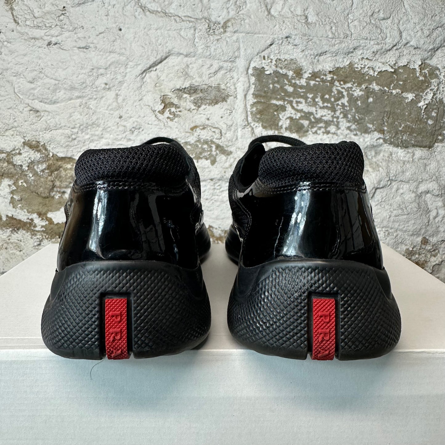 Prada Americas Cup Triple Black Patent Sneaker Sz 9