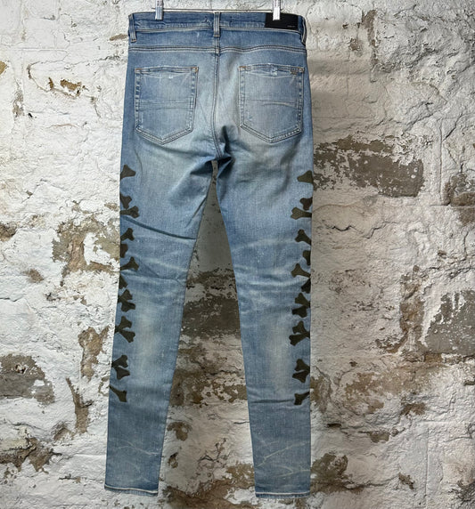 Amiri Green Camo Bones Blue Denim Jeans Sz 32