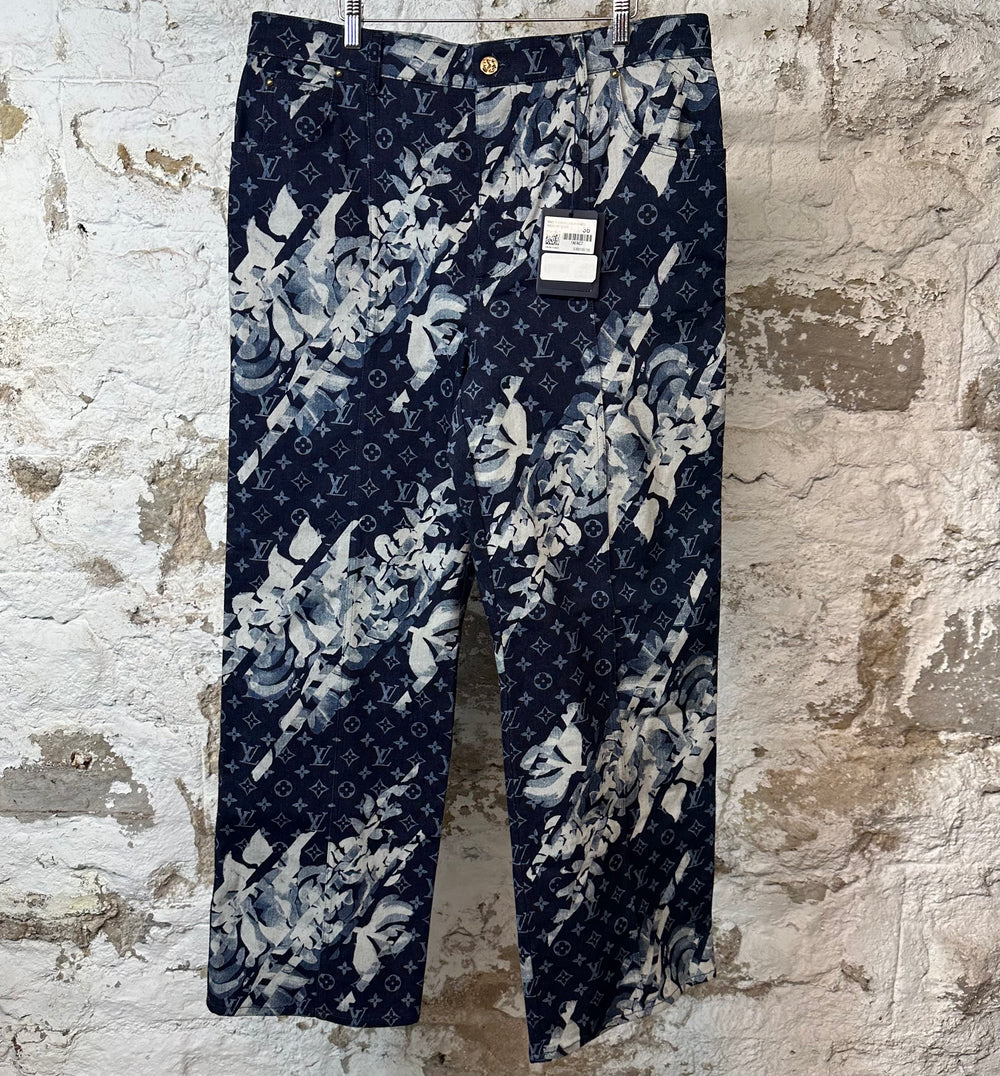 Louis Vuitton Floral Monogram Blue Denim Jeans Sz 36 DS