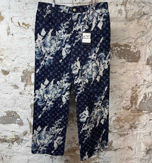 Louis Vuitton Floral Monogram Blue Denim Jeans Sz 36 DS